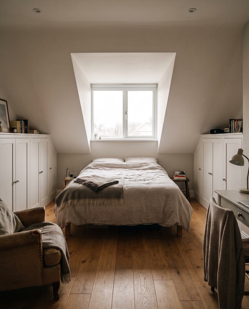 An attic bedroom with a box dormer window at the end, sloped ceilings and built-in eaves cupboards along both low walls