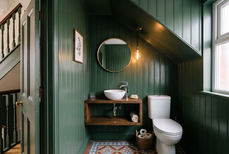 A small toilet under the stairs lined in green tongue-and-groove, with a basin on an oak shelf and a round mirror