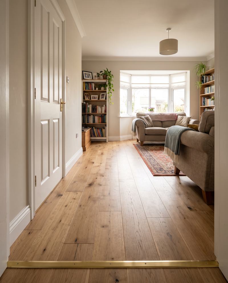 A wide-plank oak floor running from a hall into a living room, with a brass threshold strip at the doorway and a white panelled door