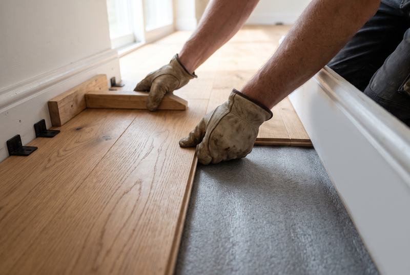 Gloved hands pushing an oak floorboard into place against a tapping block, with spacers along the skirting and grey underlay below