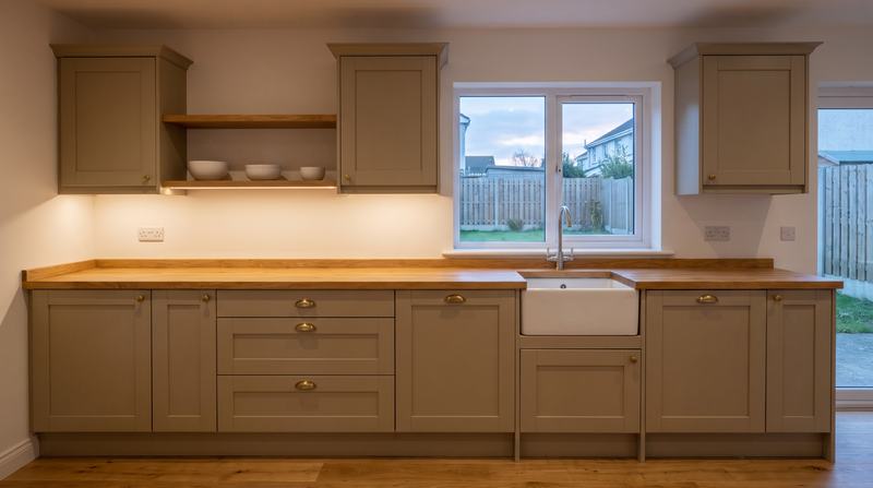 A painted shaker kitchen with brass cup handles, an oak worktop and a Belfast sink under the window, lit from under the wall units