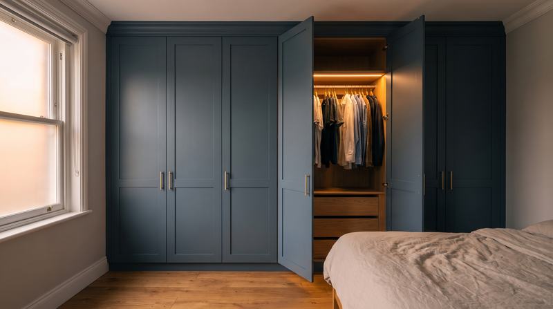 Floor-to-ceiling fitted wardrobes with blue-grey shaker doors in a bedroom, one pair open showing lit hanging rails and drawers