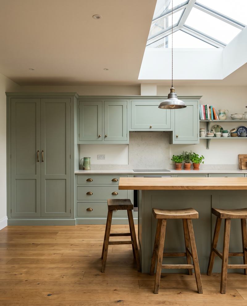 A sage green shaker kitchen with a tall larder cupboard and an island with an oak worktop and wooden stools, under a rooflight