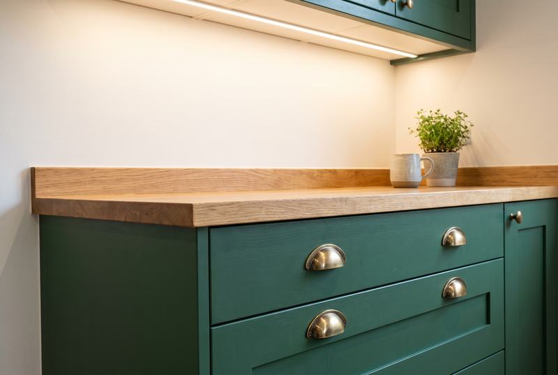 Close view of dark green shaker drawers with brass cup handles under an oak worktop