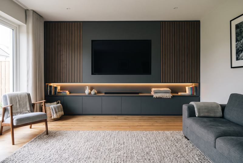 A charcoal media wall with timber slats either side of a wall-mounted TV, above long low cupboards and a lit shelf