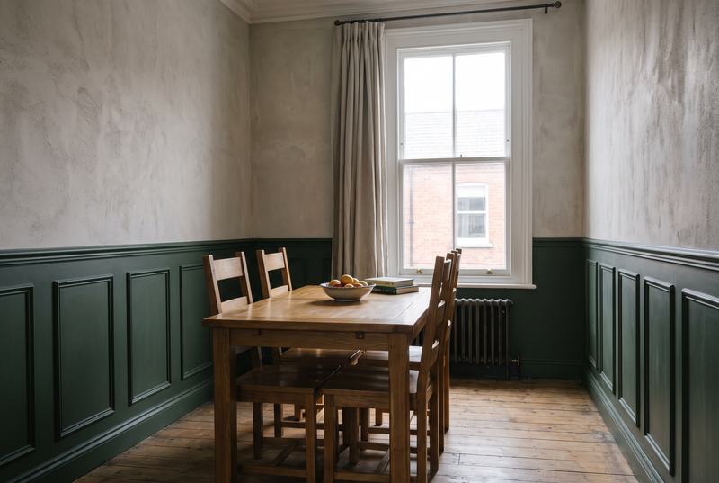 A dining room with half-height frame panelling painted dark green and a rail along the top