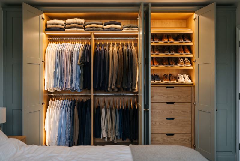 Inside fitted wardrobes: lit hanging rails, shelves of folded jumpers, shoe shelves and a stack of drawers