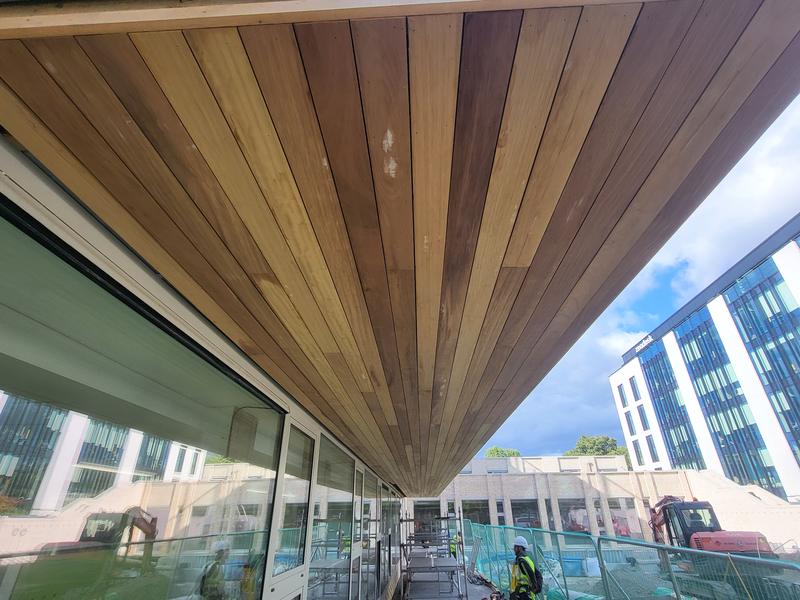 Long run of hardwood soffit boards under a canopy, leading away into the distance
